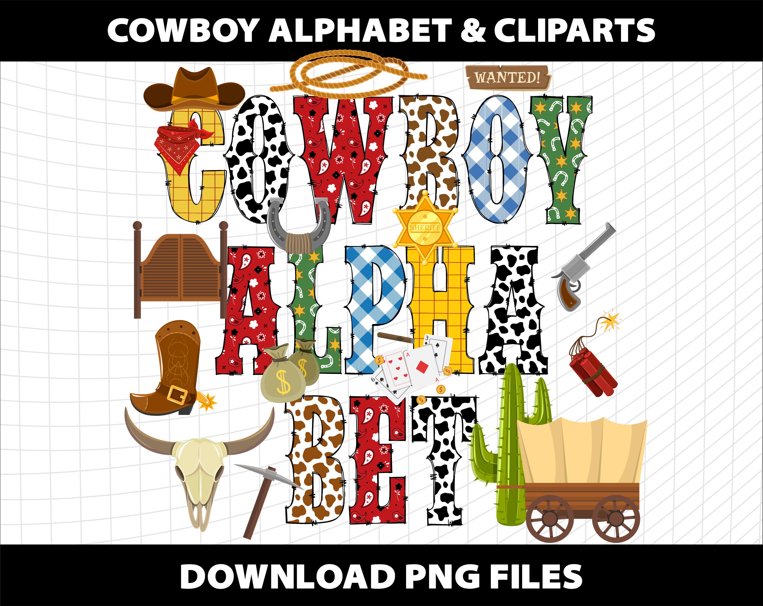 Cowboy Doodle Alphabet Letters Cliparts Bundle PNG Font Sublimation DTF ...