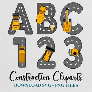 May include: A set of construction-themed clip art featuring the letters A, B, and C, and the numbers 1, 2, and 3. Each letter and number is designed as a road with yellow construction vehicles. The text "Construction Cliparts" is below.