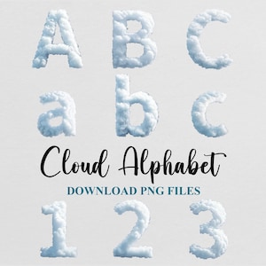 May include: An image featuring the uppercase and lowercase letters A, B, and C, along with the numbers 1, 2, and 3, all crafted to resemble fluffy white clouds against a light blue background. The words "Cloud Alphabet" and "DOWNLOAD PNG FILES" are also displayed.
