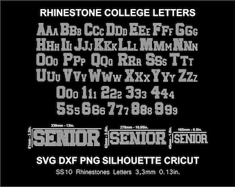 Pode incluir: Fundo preto com letras e números universitários de strass. Inclui as letras A-Z e os números 0-9. A palavra "SENIOR" é exibida em letras de strass com medidas de 330 mm, 278 mm e 165 mm. Texto: "RHINESTONE COLLEGE LETTERS".