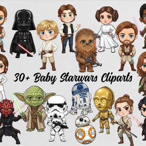 May include: A collection of 30+ Baby Star Wars cliparts. The characters include Darth Vader, Luke Skywalker, Yoda, and others. Each character is depicted in a cute, cartoon style, holding lightsabers or blasters. The text "30+ Baby Starwars Cliparts" is displayed.