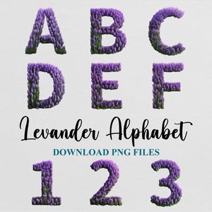 Puede incluir: Imagen digital que muestra las letras A a F y los números 1, 2 y 3, cada uno hecho de flores de lavanda moradas. Las palabras "Lavender Alphabet" están escritas en cursiva, con "DOWNLOAD PNG FILES" debajo.