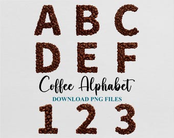 Paquete de imágenes prediseñadas del alfabeto en acuarela de café: fuente PNG, uso comercial (descarga digital)