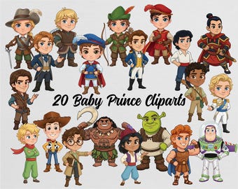 May include: A collection of 20 baby prince cliparts. The illustrations feature various cartoon characters in colorful outfits, including a cowboy, a green ogre, and a space ranger. The text "20 Baby Prince Cliparts" is displayed in the center.