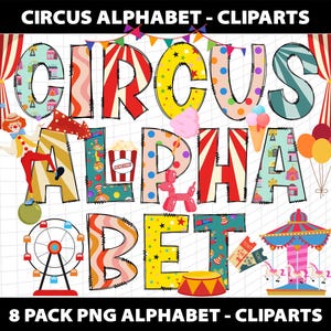 Circus  Doodle Alphabet Letters Cliparts Theme Park Bundle: PNG, Sublimation Template (Digital Download)