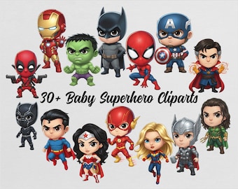 Paquete de imágenes prediseñadas de acuarela de superhéroes para bebés y niños, diseño PNG, plantilla de cumpleaños linda de Chibi, descarga de archivo digital, Spiderman, Ironman, Hulk