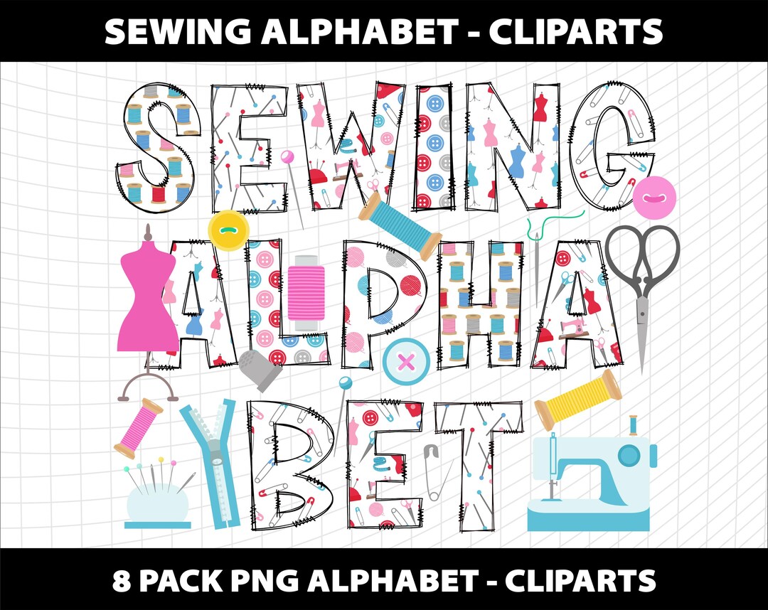 Sewing Tailor Doodle Alphabet Letters Cliparts Quilting Bundle PNG Font ...