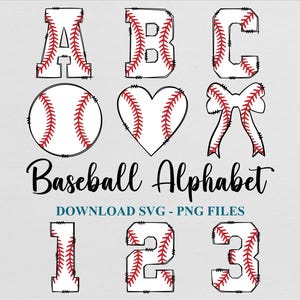 Peut inclure: Graphique numérique avec des motifs sur le thème du baseball. L'image comprend les lettres A, B et C, une balle de baseball, un cœur et un nœud, tous conçus pour ressembler à des balles de baseball. Les chiffres 1, 2 et 3 sont également inclus. Le texte "Baseball Alphabet" est écrit en cursive.
