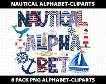 Nautical Sailing Doodle Alphabet Letters Bundle PNG Font Sublimation DTF Template Digital Download
