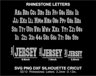 Pode incluir: Fundo preto com letras e números de strass. A imagem inclui o alfabeto, números e a palavra "JERSEY" em três tamanhos diferentes, com medidas em polegadas. O texto na parte superior diz "RHINESTONE LETTERS".