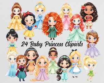 Princess Baby Girl Kids Cliparts Watercolor Design PNG Bundle Chibi Template Download Digital File Snow White Frozen Moana Little Mermaid