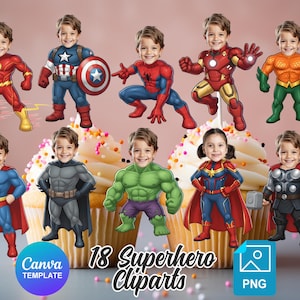 Op de afbeelding: Een verzameling van 18 superhelden cliparts met kinderen verkleed als iconische personages zoals Captain America, Iron Man en The Flash. De cliparts zijn gerangschikt rond cupcakes, met de tekst "18 Superhero Cliparts" en een "PNG" icoon.