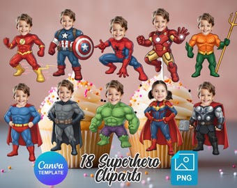 Superheld clipart custom voeg je gezicht foto toe png canva bewerkbare verjaardagsfeestje taart topper sjabloon download digitaal bestand