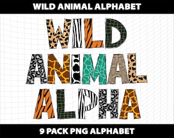 Wild Animals Doodle Alphabet Letters Bundle PNG Font Leopard Zebra Tiger Cow Turtle Giraffe Snake Crocodile Template Digital Download