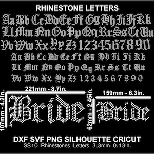 May include: Black image with rhinestone letters in an old English font. Includes uppercase and lowercase letters, numbers, and the word "Bride" in two sizes. The image also includes measurements in inches and millimeters.