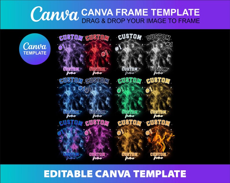 May include: A Canva template design with the text "Canva Frame Template" and "Drag & Drop Your Image to Frame." The design includes multiple custom graphic templates with the text "Custom #1" in various colors, including red, blue, and green, on a black background.