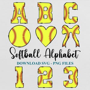 May include: A collection of softball-themed graphics, including the letters A, B, and C, a softball, a heart, a bow, and the numbers 1, 2, and 3. Each element is yellow with red stitching, resembling a softball. The words "Softball Alphabet" are also present.