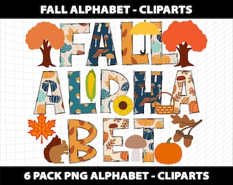 Pacchetto di clipart di lettere dell'alfabeto scarabocchio autunnale, font PNG autunnale, modello di progettazione per sublimazione (download digitale)