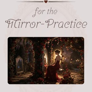Peut inclure: Un cahier d'exercices intitulé WORKBOOK for the Mirror-Practice présentant une image centrale d'une personne en robe rouge assise sur une balançoire dans un jardin de roses avec des miroirs. Le bas de la page porte le texte leben. im einklang.