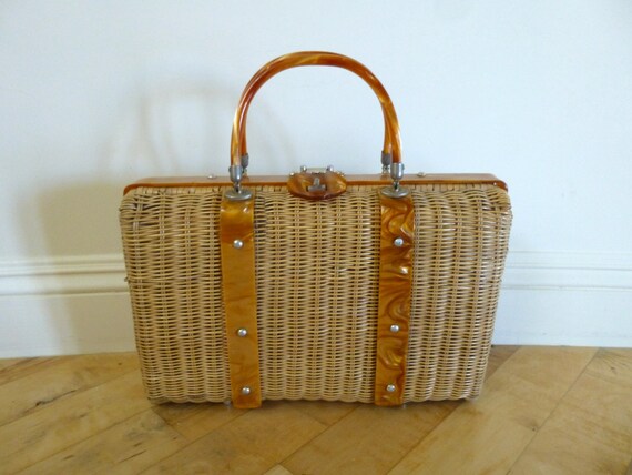 Vintage 1950s Purse, Large Rattan Purse, Basket We