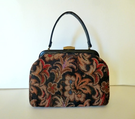 Vintage Tapestry Purse, 50s Carpet Bag, 50s Blac