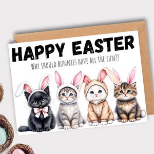 Carte de Pâques imprimable drôle de chat, carte de voeux de Pâques sarcastique, jeu de mots de lapin de Pâques en téléchargement numérique bricolage, cadeau idiot de Pâques, couleur aquarelle chats