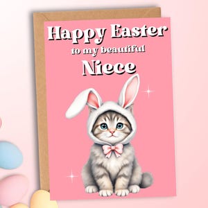 Carte de Pâques nièce imprimable Carte de voeux de Pâques Lapin de Pâques mignon pour amoureux des chats, impression à la maison, cadeau de Pâques pour le premier chat de Pâques de son bébé