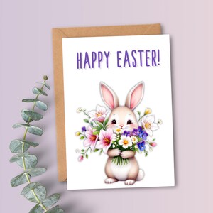 Carte de Pâques imprimable Joyeuses Pâques à téléchargement immédiat Lapin mignon avec des fleurs Carte de Pâques pour maman soeur Carte pour fille petite-fille
