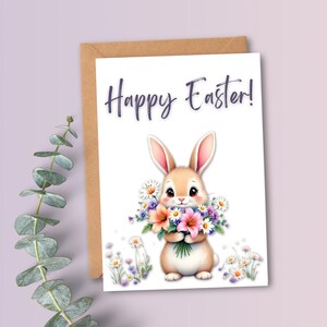 Carte de Pâques imprimable Carte de Joyeuses Pâques Carte de Pâques mignonne Carte numérique pour Pâques Lapin Carte pour filles Pâques Art imprimable Fleurs de Pâques