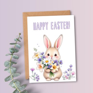 Carte de Pâques imprimable Joyeuses Pâques à téléchargement immédiat Lapin mignon avec des fleurs Carte de Pâques pour maman soeur Carte pour fille petite-fille