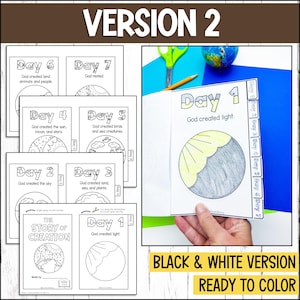 May include: Black and white printable book for kids about the story of creation. Each page features a different day of creation with a simple illustration and text. The book is ready to color.