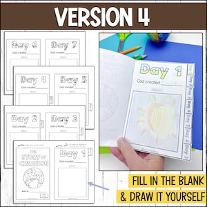 May include: A printable activity book for kids to learn about the story of creation. The book has seven pages, each with a different day of creation. Each page has a space for kids to draw a picture of what God created on that day. The book also has a title page that says "The Story of Creation".