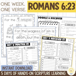 May include: A collection of printable Bible study worksheets for kids. The worksheets feature the text "Romans 6:23" and include activities like puzzles, fill-in-the-blanks, and unscrambling words. The phrase "Instant Download" is also visible.