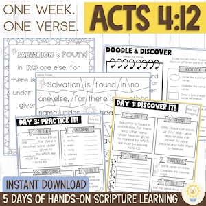 May include: A collection of printable Bible study worksheets for kids, featuring the text "Acts 4:12" and the phrase "Salvation is found." The worksheets include puzzles, fill-in-the-blanks, and other activities for hands-on scripture learning.