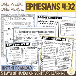 May include: A set of printable Bible study worksheets featuring the text "Ephesians 4:32". The worksheets include activities such as fill-in-the-blanks, unscramble, and doodle prompts. The phrase "Instant Download" is also visible.