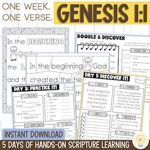May include: Printable Bible study worksheets for Genesis 1:1, with activities such as fill-in-the-blanks, unscramble, and colouring pages. The design includes the text "ONE WEEK. ONE VERSE. GENESIS 1:1" and "INSTANT DOWNLOAD".