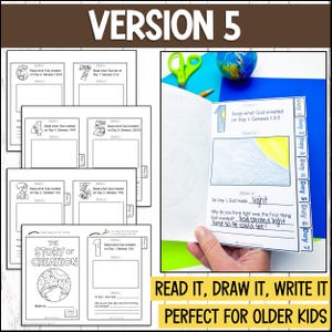 May include: A printable activity for kids to learn about the story of creation. The activity includes a page for each day of creation, with space to read, draw, and write about what God created. The pages are designed to be cut out and assembled into a booklet.