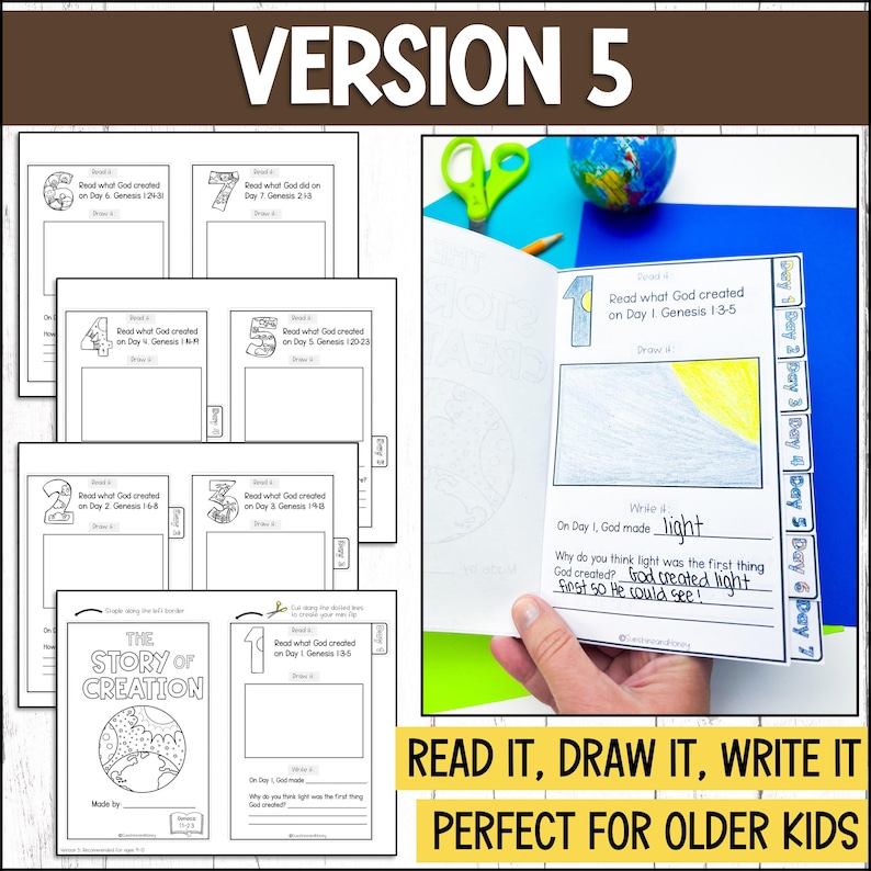 May include: A printable activity for kids to learn about the story of creation. The activity includes a page for each day of creation, with space to read, draw, and write about what God created. The pages are designed to be cut out and assembled into a booklet.