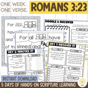 Romans 3:23 Kids Scripture Bible Activity Pack - Children&#39;s Bible Memorization -Elementary Bible Verse Lesson - Christian Homeschool