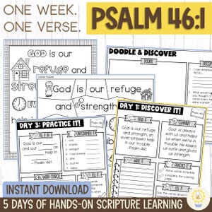 Può includere: Una raccolta di fogli di lavoro stampabili per lo studio della Bibbia con il testo "Salmo 46:1". I fogli di lavoro includono puzzle, esercizi di completamento e suggerimenti per la scrittura. Il design è in bianco e nero con uno striscione giallo che dice "Salmo 46:1".