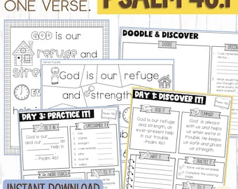 Psalm 46:1 Kids Scripture Bible Activity Pack - Children's Bible Memorization -Elementary Bible Verse Lesson - Christian Homeschool
