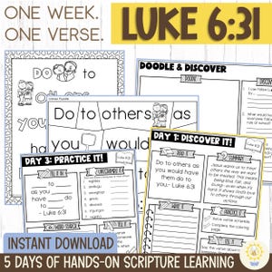 May include: A set of printable scripture learning resources featuring the text "Luke 6:31". The worksheets include puzzles, fill-in-the-blanks, and writing prompts. The phrase "Instant Download" is also visible.