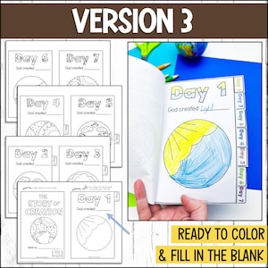 May include: A printable book for kids to color and learn about the story of creation. The book has seven pages, each with a different day of creation. Each page has a circle to color and a space to write what God created on that day. The book is ready to color and fill in the blanks.