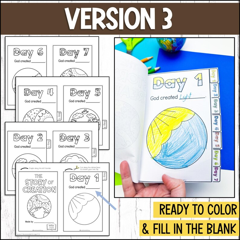 May include: A printable book for kids to color and learn about the story of creation. The book has seven pages, each with a different day of creation. Each page has a circle to color and a space to write what God created on that day. The book is ready to color and fill in the blanks.