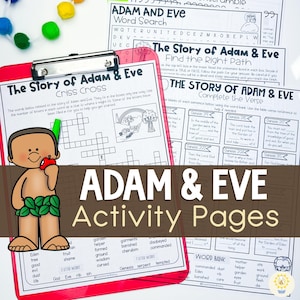 May include: Black and white printable activity pages for kids featuring the story of Adam and Eve. The pages include a word search, a crossword puzzle, and a find the right path activity. The pages also include bible verses related to the story of Adam and Eve.