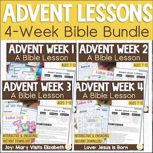 May include: A 4-Week Bible Bundle for Advent lessons, featuring four lesson sets. Each set includes interactive and engaging content for ages 7-12. The lessons cover topics like Mary's visit, Jesus' birth, and more. The bundle is an instant download.