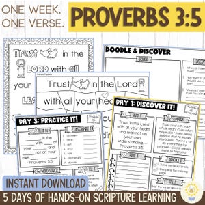 Op de afbeelding: Een verzameling afdrukbare Bijbelstudie werkbladen met de tekst "Spreuken 3:5". De werkbladen bevatten puzzels, invuloefeningen en schrijfopdrachten. De zin "Direct downloaden" is ook zichtbaar.
