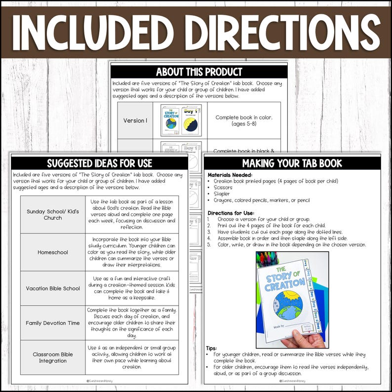 May include: A printable resource for teaching children about the story of creation. The resource includes five different versions of a tab book, each with a suggested age range. The resource also includes directions for making the tab book and ideas for using it in different settings, such as Sunday school, homeschool, vacation bible school, family devotion time, and classroom bible integration.