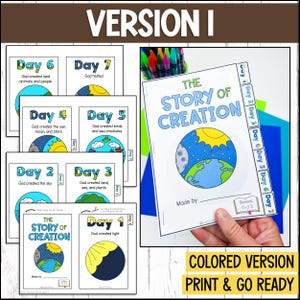 May include: A printable, colorable book about the story of creation. The book has seven pages, each with a different day of creation. The pages are illustrated with colorful drawings of the sun, moon, stars, birds, fish, land, and people. The book also includes a title page with the words "The Story of Creation" and a space for the child to write their name.