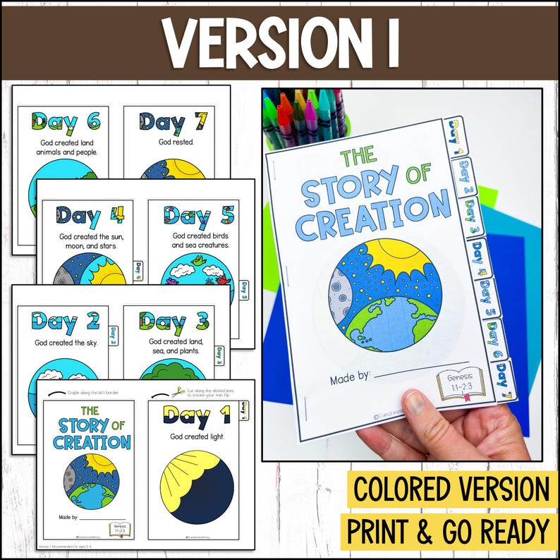 May include: A printable, colorable book about the story of creation. The book has seven pages, each with a different day of creation. The pages are illustrated with colorful drawings of the sun, moon, stars, birds, fish, land, and people. The book also includes a title page with the words "The Story of Creation" and a space for the child to write their name.